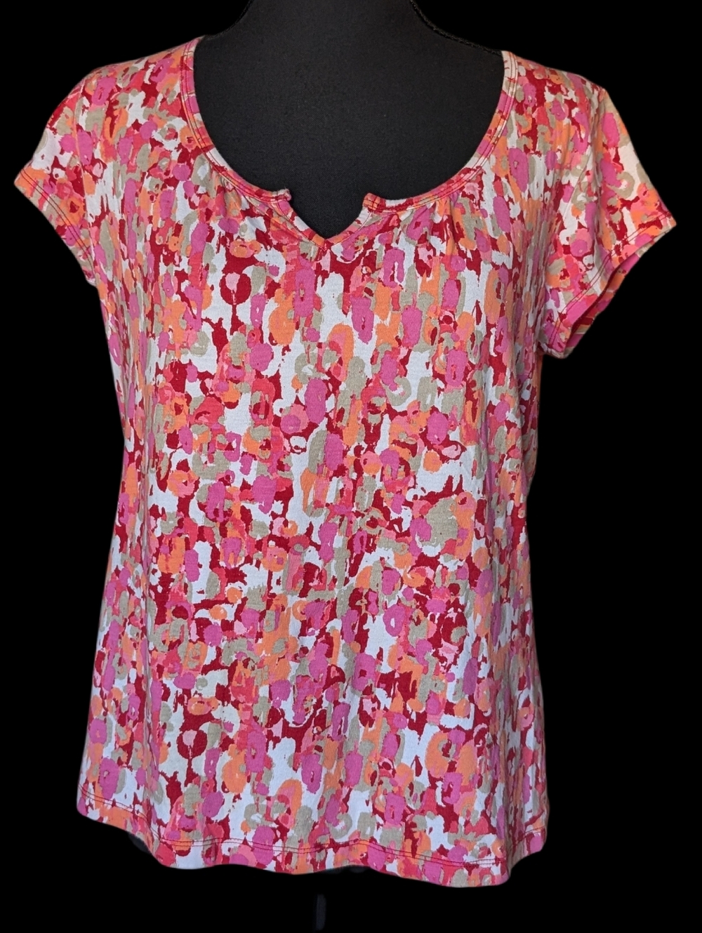 Vtg Y2K Cap Sleeve Notch Neck Tee Abstract Watercolor Print Pink Orange
